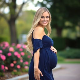 A beautiful 18-year-old pregnant blonde woman wearing a navy blue dress, standing gracefully outdoors with a soft, glowing smile