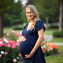 A beautiful 18-year-old pregnant blonde woman wearing a navy blue dress, standing gracefully outdoors with a soft, glowing smile
