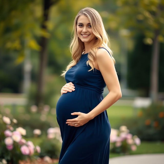 A beautiful 18-year-old pregnant blonde woman wearing a navy blue dress, standing gracefully outdoors with a soft, glowing smile