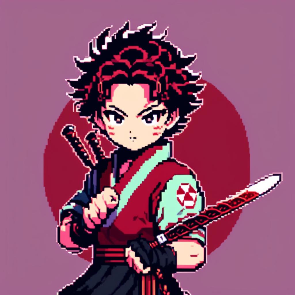 Pixel art profile picture featuring Tanjiro Kamado from Demon Slayer in his signature uniform and holding his Nichirin Blade against a deep red background.