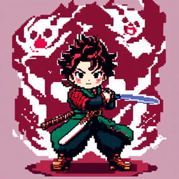 Pixel art profile picture featuring Tanjiro Kamado from Demon Slayer in his signature uniform and holding his Nichirin Blade against a deep red background.