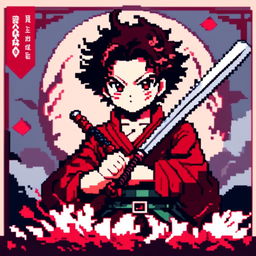 Pixel art profile picture featuring Tanjiro Kamado from Demon Slayer in his signature uniform and holding his Nichirin Blade against a deep red background.