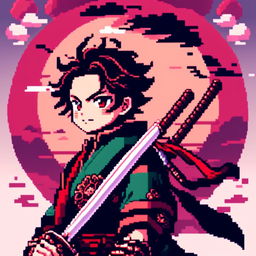 Pixel art profile picture featuring Tanjiro Kamado from Demon Slayer in his signature uniform and holding his Nichirin Blade against a deep red background.