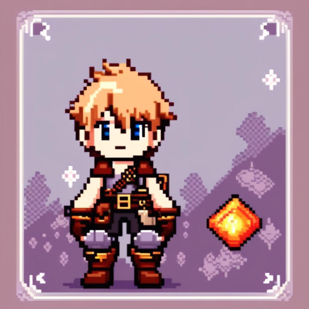 Pixel art profile picture of a main character inspired by Final Fantasy, with a cool pattern border.