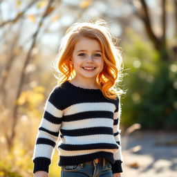 A young girl with beautiful, vibrant red hair styled in soft waves, wearing a cozy stripey black and white jumper paired with stylish skinny jeans