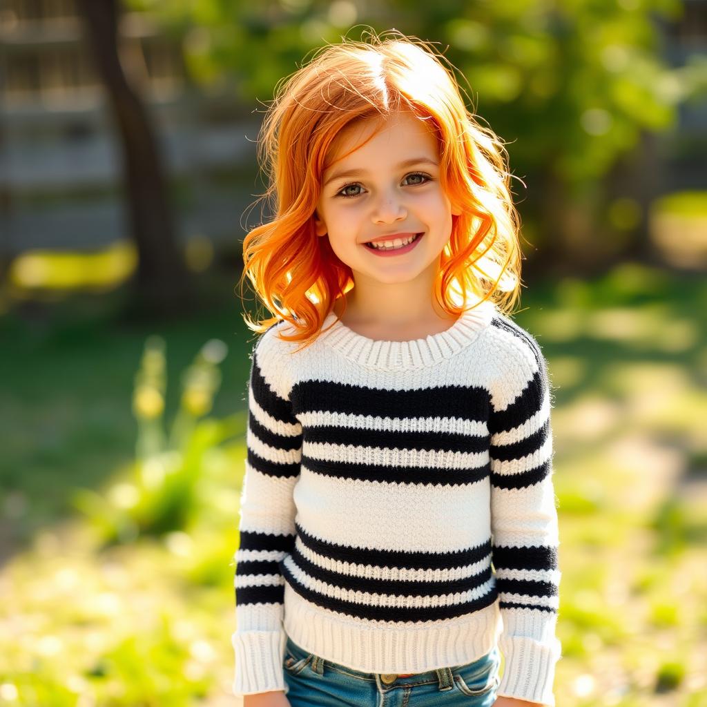 A young girl with beautiful, vibrant red hair styled in soft waves, wearing a cozy stripey black and white jumper paired with stylish skinny jeans