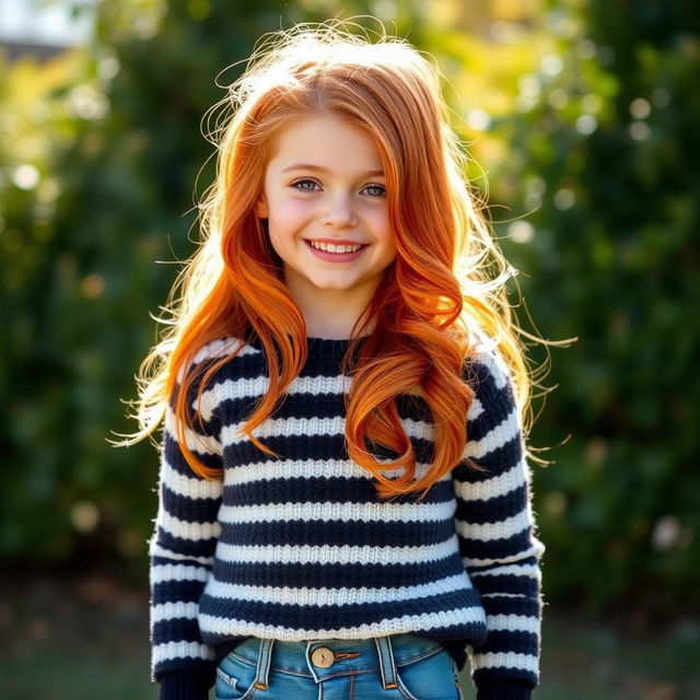 A young girl with beautiful, vibrant red hair styled in soft waves, wearing a cozy stripey black and white jumper paired with stylish skinny jeans