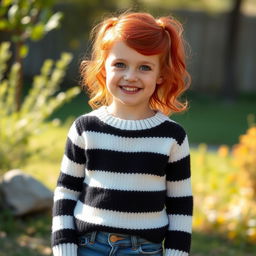 A young girl with beautiful, vibrant red hair styled in soft waves, wearing a cozy stripey black and white jumper paired with stylish skinny jeans