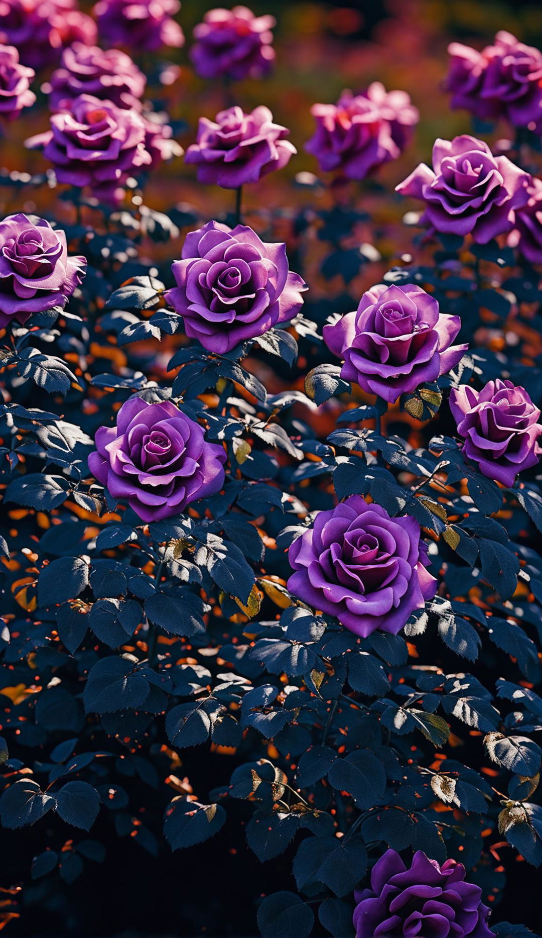 High-definition photograph of a garden filled with purple roses under perfect lighting, giving off an editorial magazine vibe.