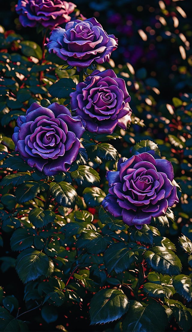 High-definition nature photograph of a garden filled with purple roses under perfect lighting, exuding an editorial magazine vibe.