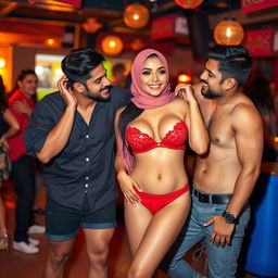 A hijab-wearing woman adorned in a stylish red bra and matching red underwear, with high heels on her feet, exuding confidence in a vibrant and playful atmosphere