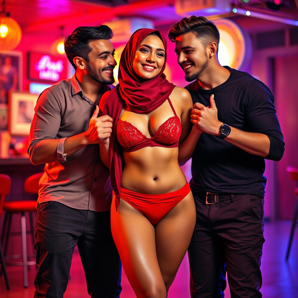 A hijab-wearing woman adorned in a stylish red bra and matching red underwear, with high heels on her feet, exuding confidence in a vibrant and playful atmosphere