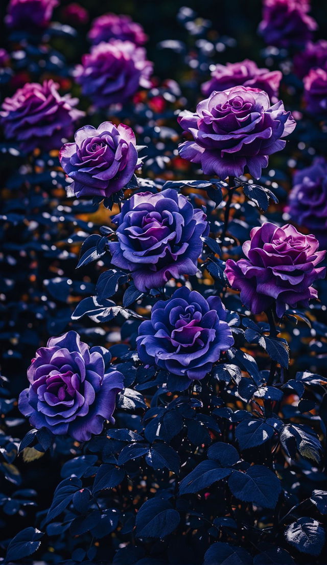 High-definition nature photograph of a garden filled with purple roses, captured with an ultra-intense camera shot and perfect lighting composition, giving off editorial magazine vibes.