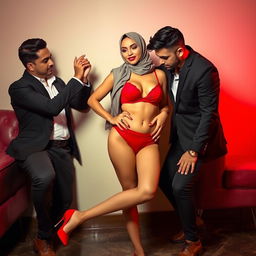 A hijab-wearing woman in a striking red bra and matching red underwear, with fashionable high heels on her feet, confidently posed in an intimate setting