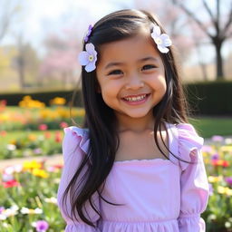 A joyful scene featuring a 4-year-old girl with beautiful, long black hair adorned with a delicate lilac hair accessory