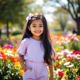 A joyful scene featuring a 4-year-old girl with beautiful, long black hair adorned with a delicate lilac hair accessory