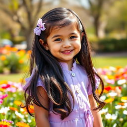 A joyful scene featuring a 4-year-old girl with beautiful, long black hair adorned with a delicate lilac hair accessory