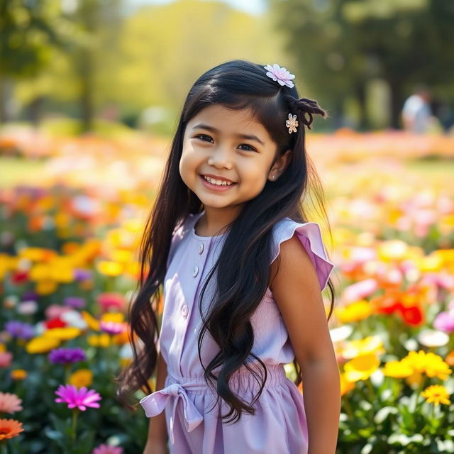 A joyful scene featuring a 4-year-old girl with beautiful, long black hair adorned with a delicate lilac hair accessory