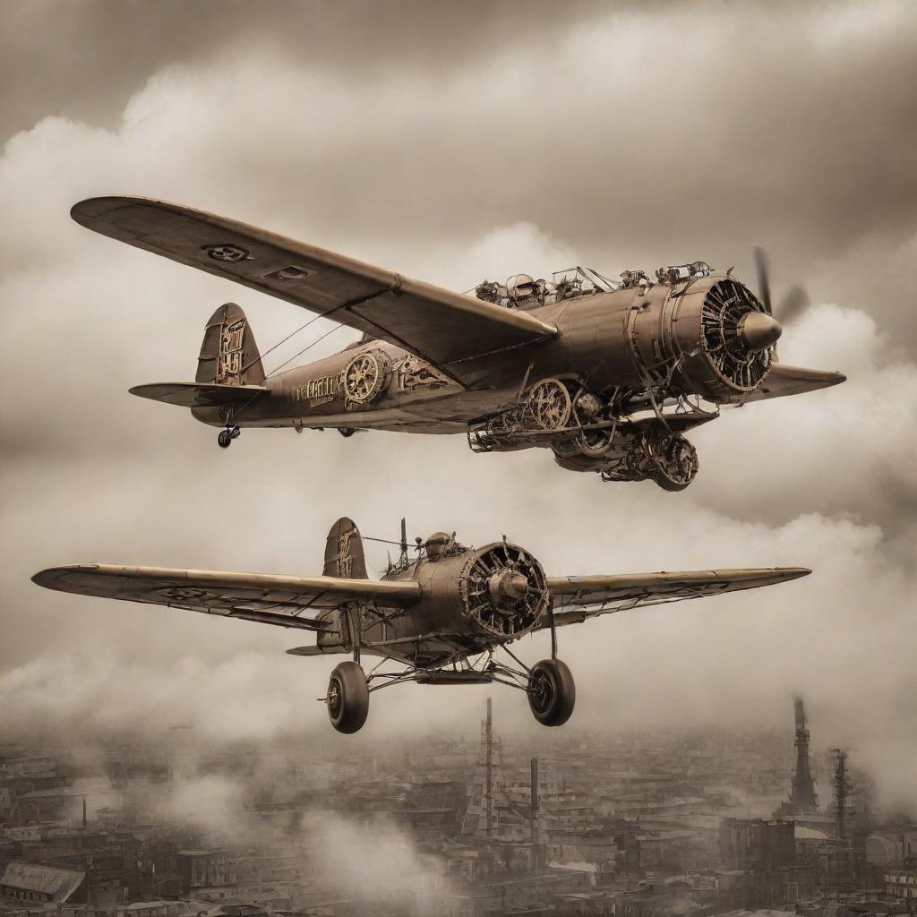 A steampunk-inspired airplane, featuring brass-plated wings powered by steam propulsion, riveted bodywork, and smoke-belching chimneys, all soared into the sepia-tinted skies, surrounded by whirling gears and cogged mechanisms.