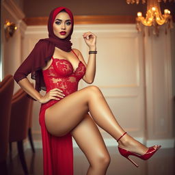 A woman in a stylish hijab, wearing elegant high heels, exuding confidence