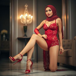 A woman in a stylish hijab, wearing elegant high heels, exuding confidence