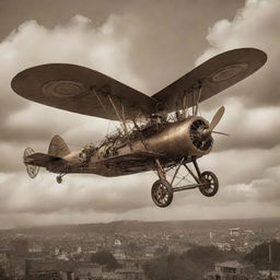 A steampunk-inspired airplane, featuring brass-plated wings powered by steam propulsion, riveted bodywork, and smoke-belching chimneys, all soared into the sepia-tinted skies, surrounded by whirling gears and cogged mechanisms.