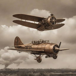 A steampunk-inspired airplane, featuring brass-plated wings powered by steam propulsion, riveted bodywork, and smoke-belching chimneys, all soared into the sepia-tinted skies, surrounded by whirling gears and cogged mechanisms.