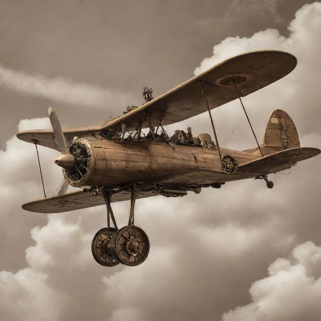 A steampunk-inspired airplane, featuring brass-plated wings powered by steam propulsion, riveted bodywork, and smoke-belching chimneys, all soared into the sepia-tinted skies, surrounded by whirling gears and cogged mechanisms.