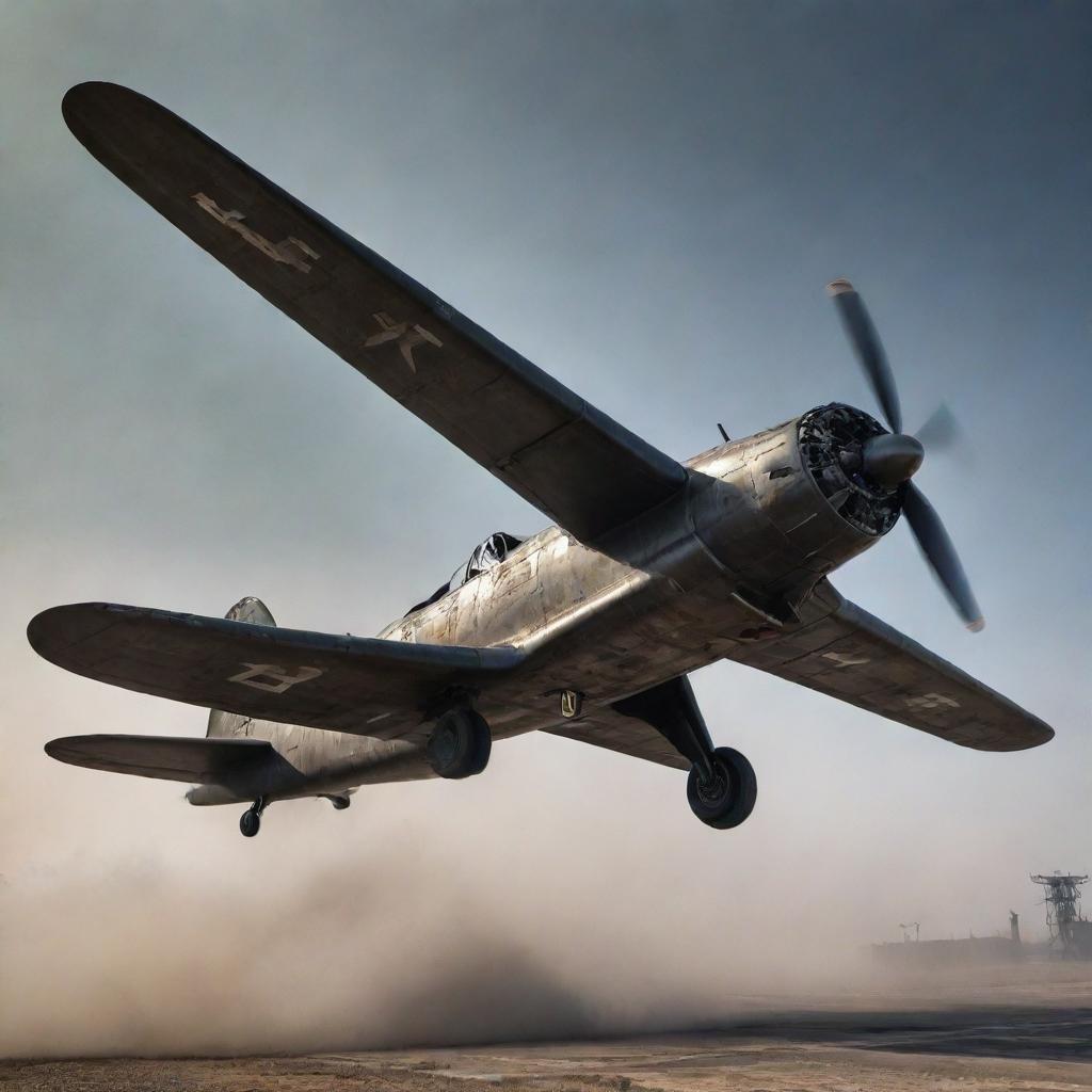 A dieselpunk-inspired airplane, with rugged, riveted steel construction, powered by roaring diesel engines, spouting out black smoky trails. Its design reflects a time of gritty industry and raw power as it conquers the oil-stained sky.