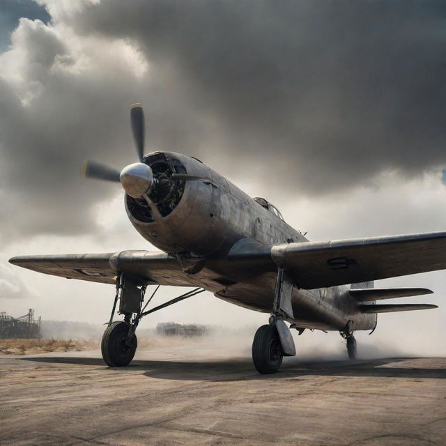 A dieselpunk-inspired airplane, with rugged, riveted steel construction, powered by roaring diesel engines, spouting out black smoky trails. Its design reflects a time of gritty industry and raw power as it conquers the oil-stained sky.