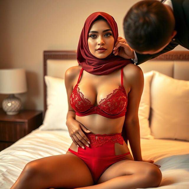 A sophisticated woman in a stylish hijab, wearing luxurious red lingerie, including a beautifully designed bra and matching underwear