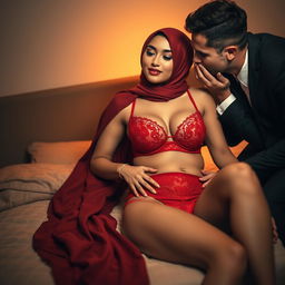 A sophisticated woman in a stylish hijab, wearing luxurious red lingerie, including a beautifully designed bra and matching underwear