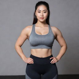 Generate an image of an Asian woman with a voluptuous physique, dressed in her gym outfit.