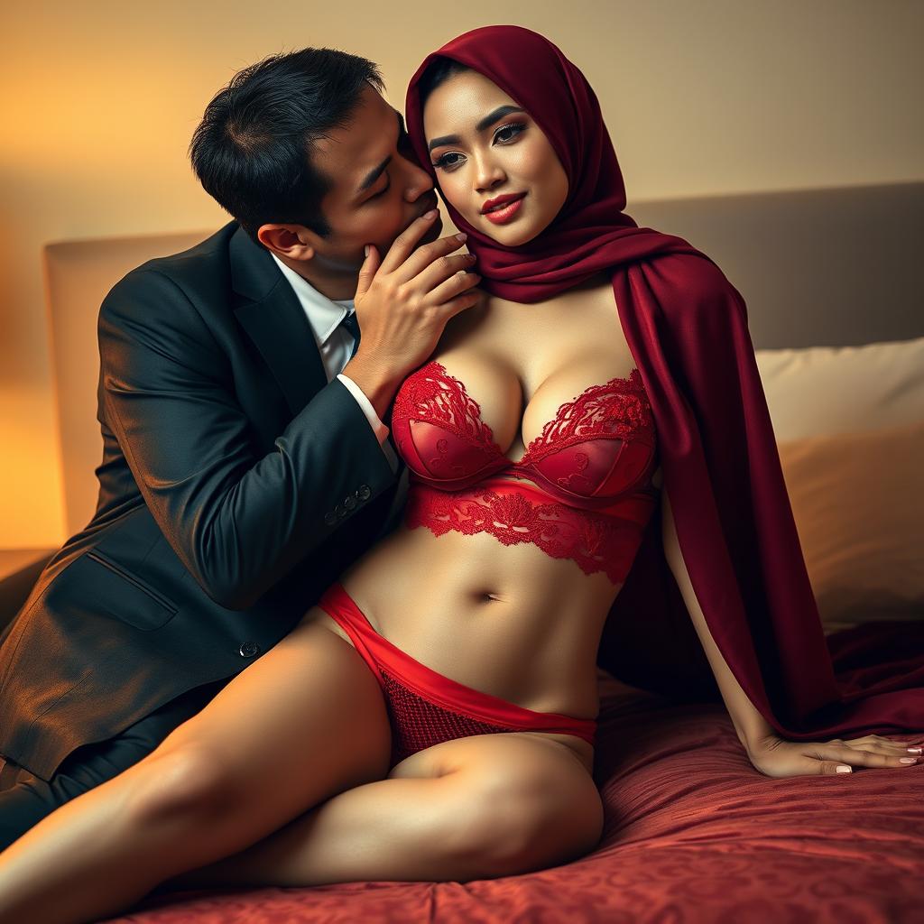 A sophisticated woman in a stylish hijab, wearing luxurious red lingerie, including a beautifully designed bra and matching underwear