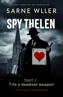 A spy-thriller book cover design featuring two figures: one wearing a classic trench coat, standing in the shadows of a grand cathedral, and another figure in a tailored suit, standing confidently with a slight smirk and holding a gun discreetly