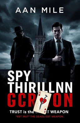 A spy-thriller book cover design featuring two figures: one wearing a classic trench coat, standing in the shadows of a grand cathedral, and another figure in a tailored suit, standing confidently with a slight smirk and holding a gun discreetly