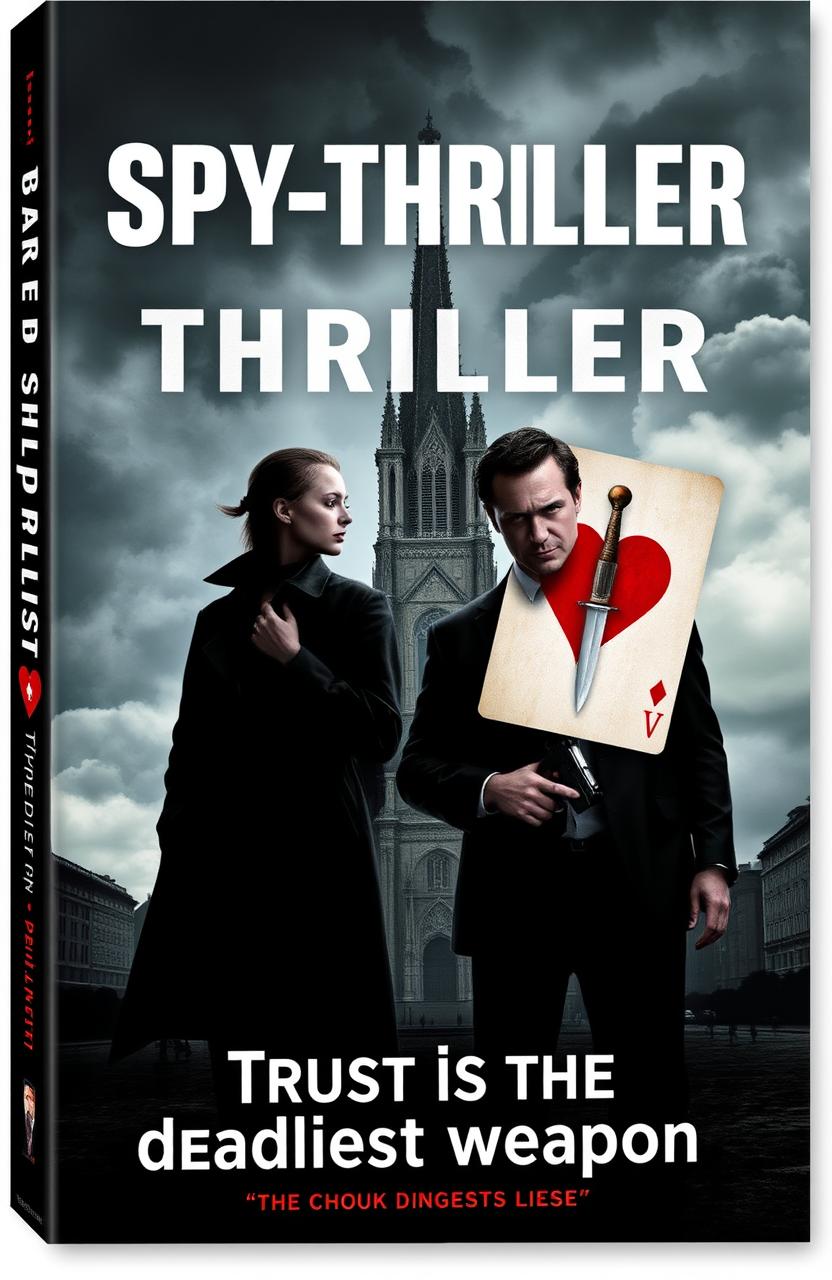 A spy-thriller book cover design featuring two figures: one wearing a classic trench coat, standing in the shadows of a grand cathedral, and another figure in a tailored suit, standing confidently with a slight smirk and holding a gun discreetly