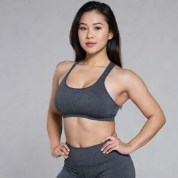 Generate an image of an Asian woman with a voluptuous physique, dressed in her gym outfit.