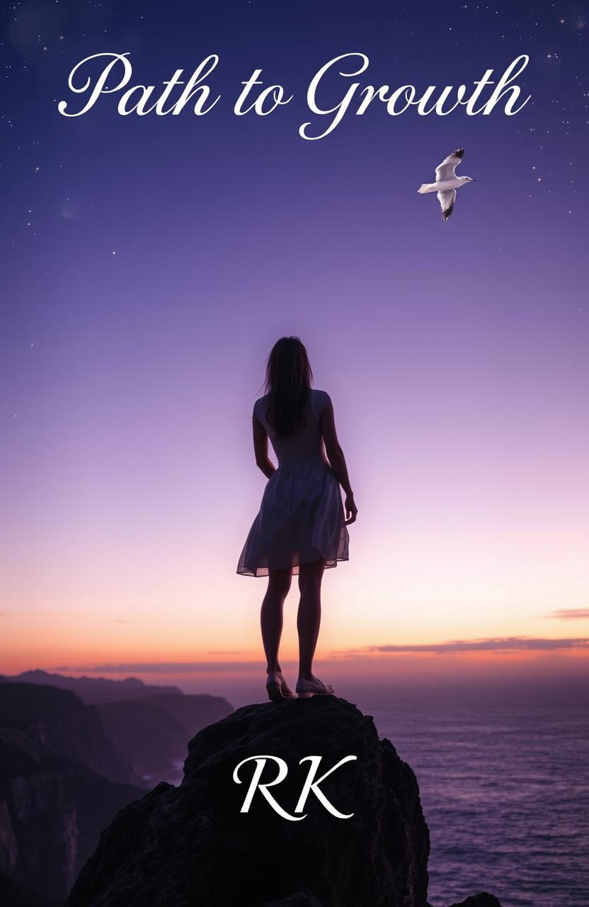 A solitary woman standing on a cliff at dusk, gazing upward at a soaring seagull, symbolizing ambition and freedom