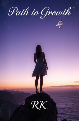 A solitary woman standing on a cliff at dusk, gazing upward at a soaring seagull, symbolizing ambition and freedom