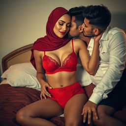 A glamorous woman in a stylish hijab wearing elegant red lingerie, consisting of a beautifully designed bra and matching underwear, is seated on a plush bed