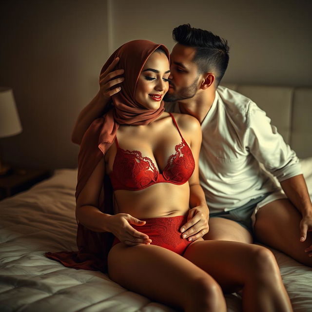 A glamorous woman in a stylish hijab wearing elegant red lingerie, consisting of a beautifully designed bra and matching underwear, is seated on a plush bed