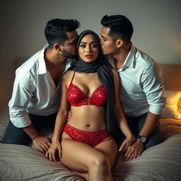 A glamorous woman in a stylish hijab wearing elegant red lingerie, consisting of a beautifully designed bra and matching underwear, is seated on a plush bed