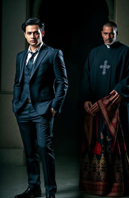 A leading man dressed in a sharp black suit exuding charisma and confidence, standing in a dramatic pose