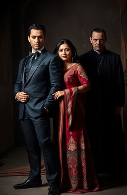 A leading man dressed in a sharp black suit exuding charisma and confidence, standing in a dramatic pose