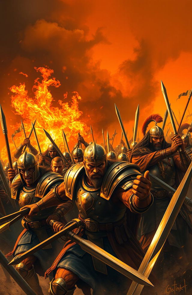 A heroic army in a dramatic battle scene, charging forward with fierce expressions, wearing gleaming armor and brandishing weapons