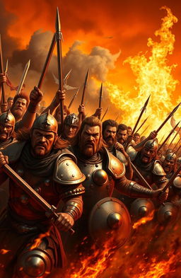A heroic army in a dramatic battle scene, charging forward with fierce expressions, wearing gleaming armor and brandishing weapons