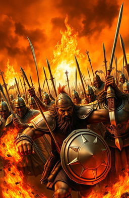 A heroic army in a dramatic battle scene, charging forward with fierce expressions, wearing gleaming armor and brandishing weapons