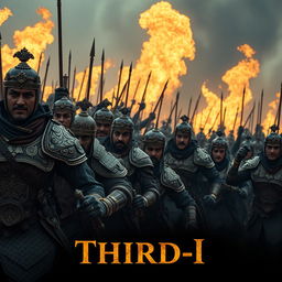 A heroic army depicted as if in a grand cinematic trailer titled 'THIRD-I', charging forward with fierce determination