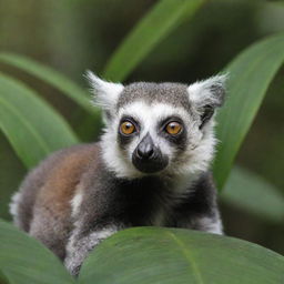 A lively lemur with expressive eyes and a long, striped tail, poised amidst lush, tropical foliage, where its distinct fur pattern stands out.